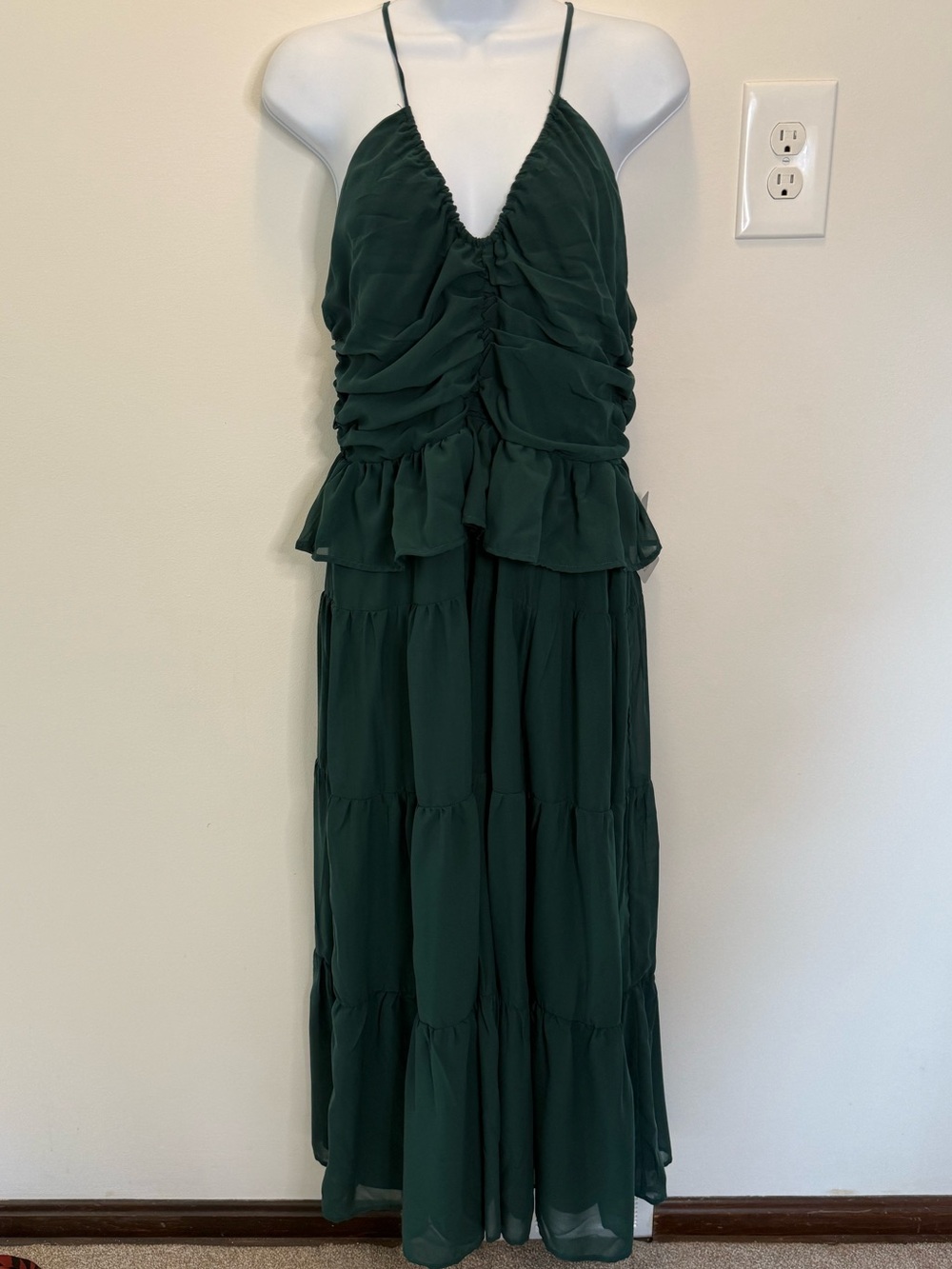NSR Dark Green Ruched Tiered Midi Dress